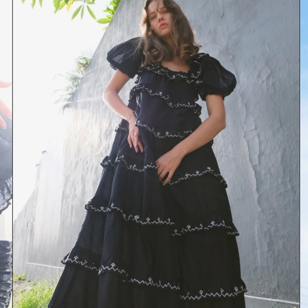 NWT Innika Choo Puff Sleeve Frill Tiered Maxi Dress